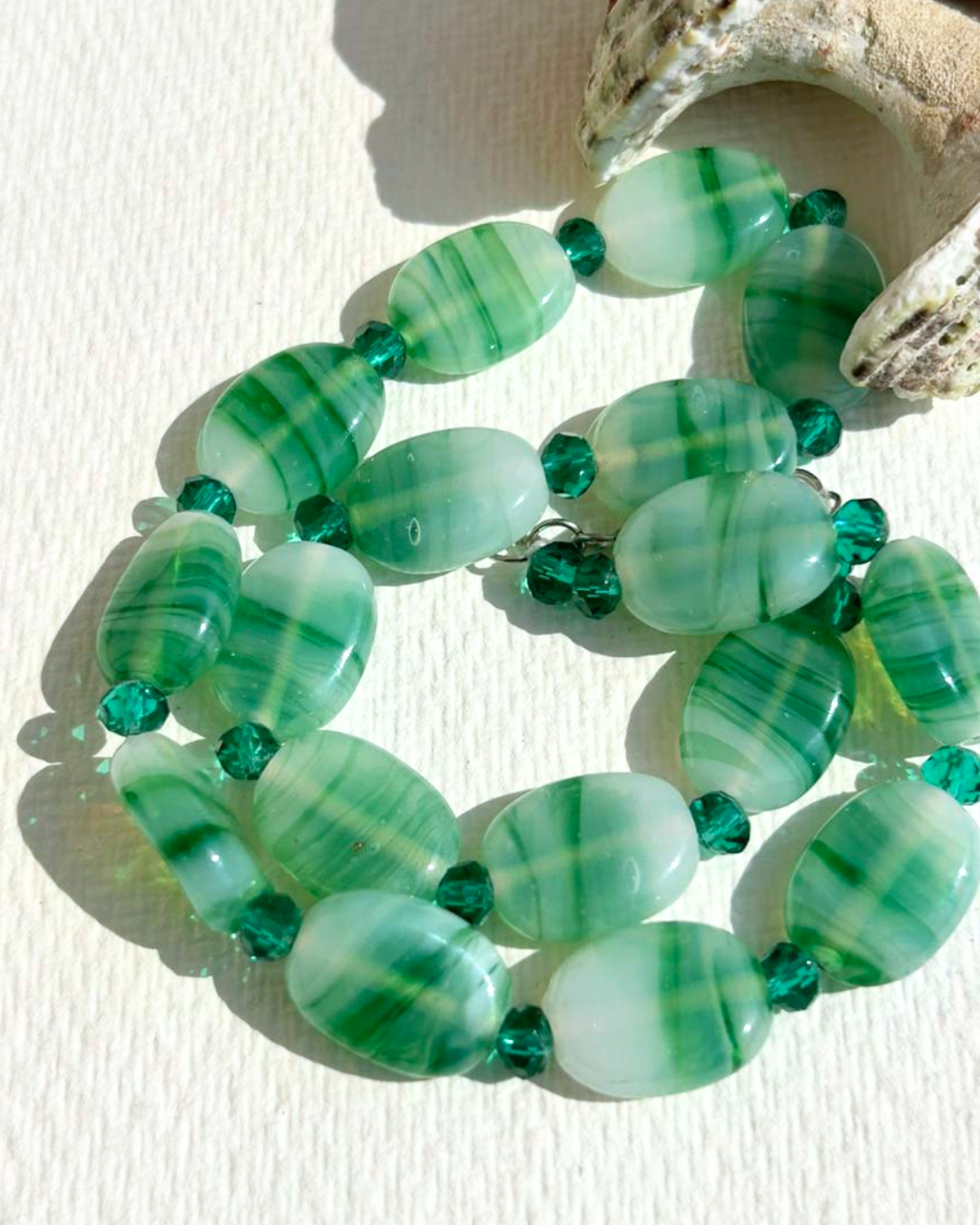 Coral Green Oval Beaded Necklace